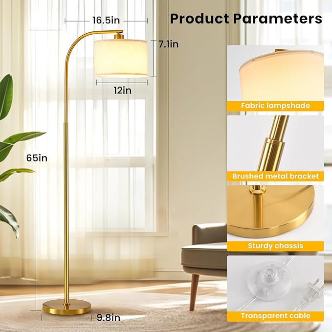 Floor Lamp for Living Room with Remote,Dimmable Tall Standing Lamps,Modern Floor Light with Smart RGB Bulb,App Control,3 Color Temperatures,Fabric Shades,Gold Floor Lamp for Bedroom Office Corner