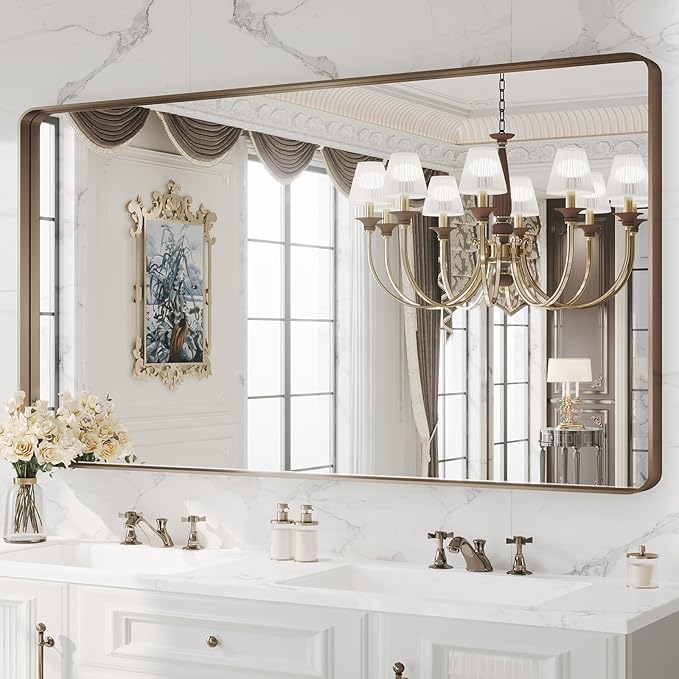 WEER 60x30 Inch Bronze Bathroom Mirror for Vanity, Brushed Bronze Metal Frame Rounded Rectangle Mirror with Tempered Glass, Anti-Rust (Horizontal/Vertical)