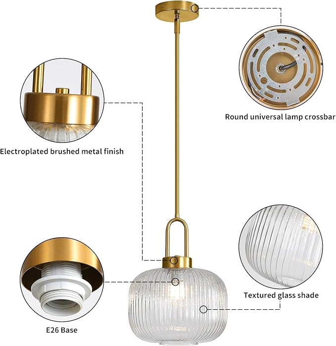 Modern Clear Glass Pendant Light Fixtures, Mid Century Pendant Lights for Kitchen Island, 9.8" Gold Adjustable Height Ceiling Hanging Light Fixtures for Dining Room Entryway Bedroom Foyer Hallway
