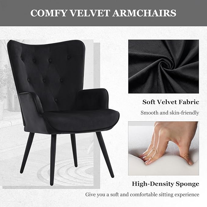 Furnimart Black Velvet Accent Chair Mid Century Modern Living Room Chairs; Comfy Armchair Leisure Vanity Guest Wingback Chair for Office Study Vanity Bedroom Waiting Room