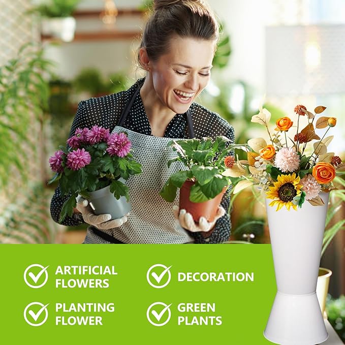 12 Pack Plastic Flower Bucket, 15.5 Inch White Flower Buckets for Cut Flowers with Base, Multi-Purpose Plastic Vase for Flower Display Stand Florist Supplies, Home Wedding Decoration