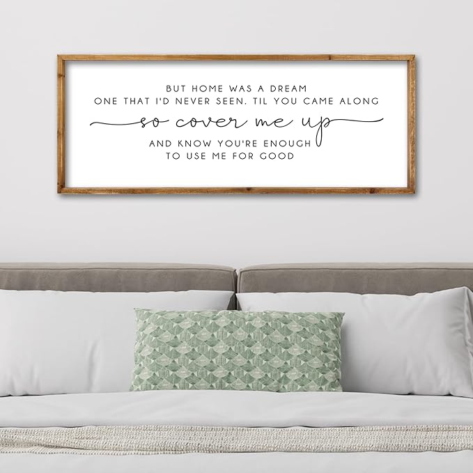 ZZJJHYWGQ Romantic Quote Wall Art So Cover Me Up Sign 32"×12" Inspirational Home Was A Dream Decor Rustic Large Wood Framed Print for Bedroom Living Room Couples Motivational Wall Hanging (Wood)