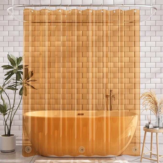 AmazerBath Shower Curtain Liner, 72x72 Transparent Orange Shower Liner, Lightweight Plastic Shower Curtain Liners, Cute Waterproof Shower Liner for Bathroom with 3 Magnets and 12 Grommet Holes
