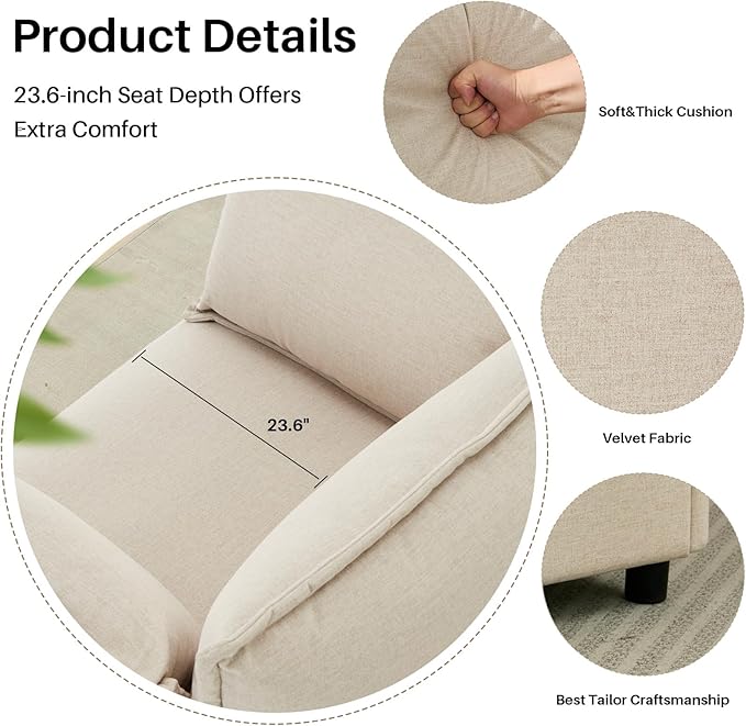 35.4" Wide Oversized Velvet Single Sofa Chair with 2 Pillows, Modern Upholstered Accent Chair Armchair for Livingroom Bedroom Apartment, Light Brown