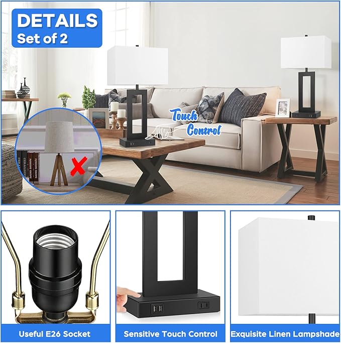 Set of 2 Modern Touch Control Table Lamps with 2 USB Ports, 22’’ Large Bedside Nightstand Lamps 3-Way Dimmable Desk Lamp with White Fabric Shade for Bedrooms Living Room Reading, 2 LED Bulbs Included