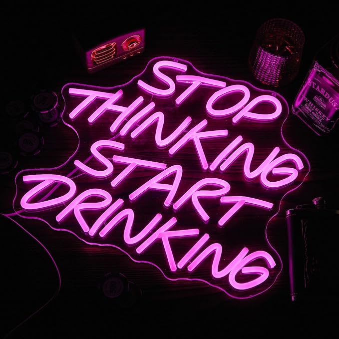 Stop Thinking Start Drinking Neon Sign Pink Led Neon Signs for Wall Decor Neon Lights up Letters for Bar Decor Bar Decorations for Home Led Light Sign for Man Cave decor Party USB Powered (13.38"L x 12.99"W)