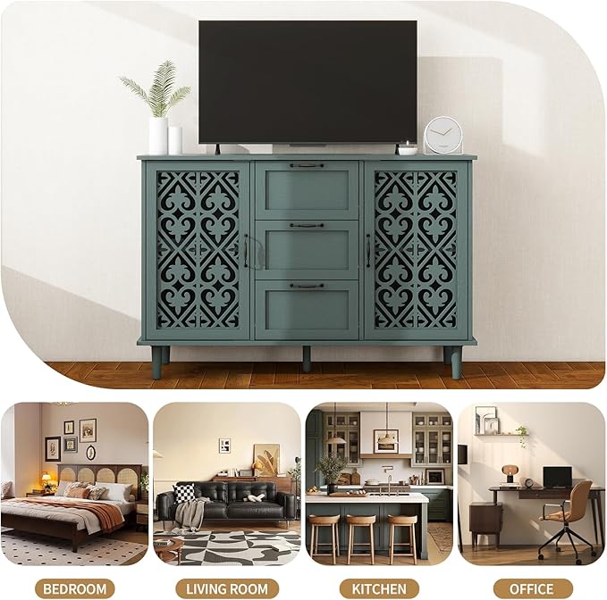 Sideboard Buffet Credenza - Modern 2 Door 3 Drawer Cabinet with Storage, Accent Cabinet with Carved Pattern, Farmhouse Wood for Living and Dining Area (Green)