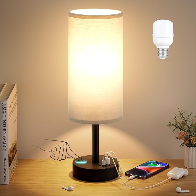 Grey Touch Bedside Lamp with USB - 3 Way Dimmable Table Lamp for Bedroom, Nightstand Lamp with Black Charging Station for Desk Dorm, Office, Boy Kids Room, Small