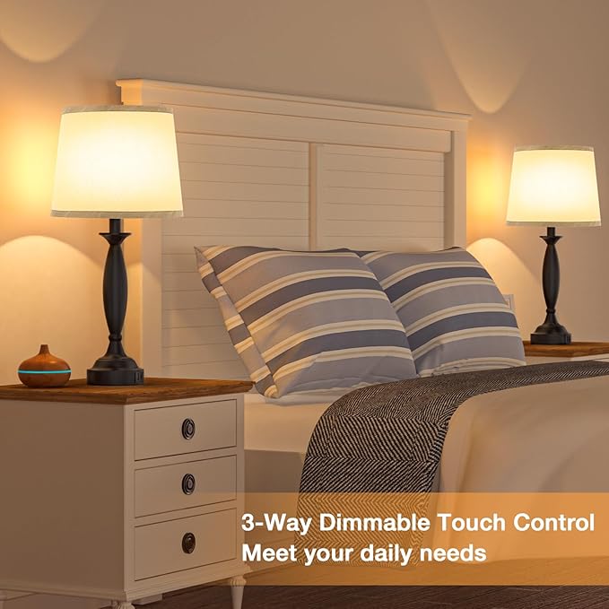 Grey Lamps for Bedrooms Set of 2 - Touch Control Bedside Lamp with USB C+A, 3 Way Dimmable Nightstand Lamps with USB Port, Table Lamp for Living Room(Grey Shade and Black Base)