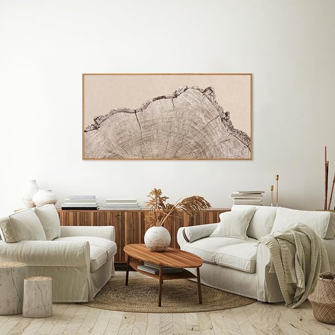 SIGNINART Large Tree Ring Framed Canvas Wall Art, Rustic Beige Wooden Wall Decor, Neutral Nature Wood Stump Artwork, Modern Art Prints for Bedroom Living Room Office 20"x40"