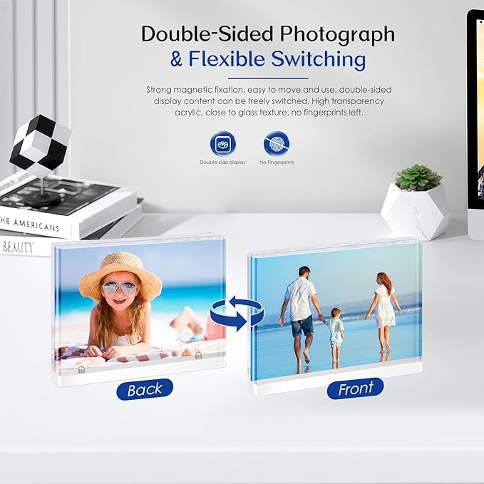 5x7 Magnetic Acrylic Photo Frame – Double-Sided Clear Picture Display Frame with White Base, Tabletop Acrylic Frame for Home & Office Decor (4-Pack, Horizontal display)
