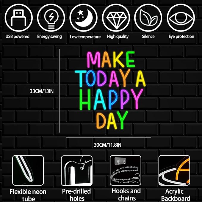 Make Today A Happy Day Neon Sign, Inspirational Colorful Letter Neon Light for Wall Decor, Dimmable Motivation LED Light Sign for Bar Cafe Restaurant Office Living Room Wedding
