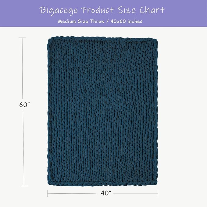 Bigacogo Chunky Knit Throw Blanket for Couch, 40x60 inches, 100% Hand Knitted with Thick Jumbo Chenille Yarn, Cozy Soft Large Rope Knot Cable Crochet Blankets for Sofa Bed Living Room, Deep Sea Blue