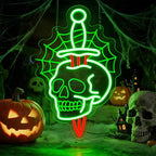 Halloween Skull Neon Sign with Dagger & Web Design,Skull Neon Sign For Halloween,Spooky LED Wall Light for Halloween Party Decor,Gothic Horror Neon Skull Light for Bar,Bedroom,Man Cave