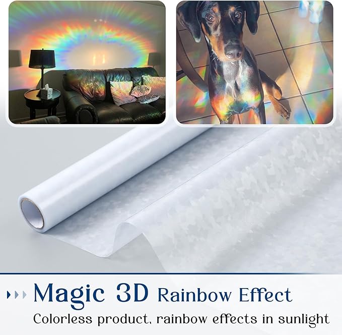 Haton Window Privacy Film, Rainbow Stained Glass Window Clings, 3D Decorative UV Sun Blocking Sticker, Removable Static Cling Heat Control Tint for Home Door, 23.6" x 157.4" Non-Adhesive