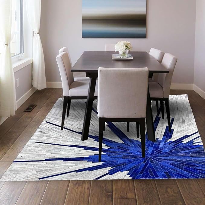 Faux Cowhide Area Rug | Radiating Starburst Pattern Non-Slip Leather Carpet for Western, Farmhouse & Modern Home Décor – Living Room, Bedroom & Office Accent(Blue&Grey_2.5x12)