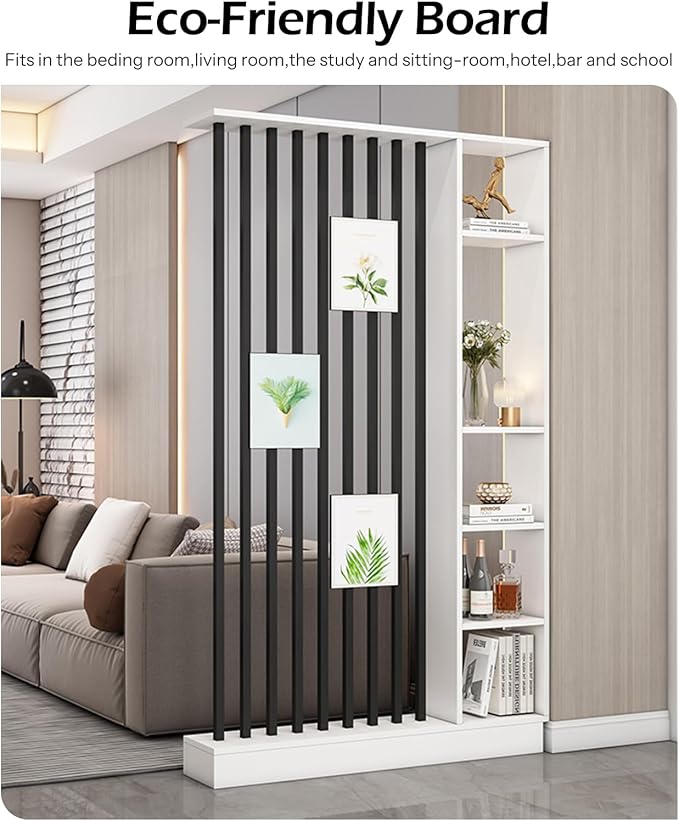 Wall Room Divider, Storage Cabinet Storage Display with Shelves, Modern Freestanding Wood Room Divider Screen, Wall Privacy Screens for Home Decorative (White+Black,35.4" L x 9.5" W x 79.5" H)