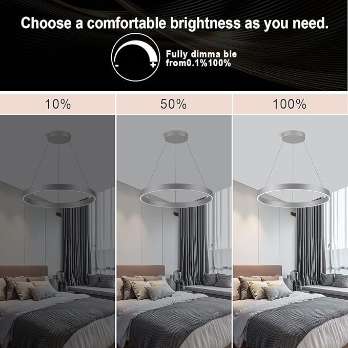 Room Decor Modern LED Chandelier 23.62'' Dimmable 1-Ring Chandelier 76W Circular Pendant Light for Dining Room Kitchen Island Bedroom, 6000K, Silver UL Listed