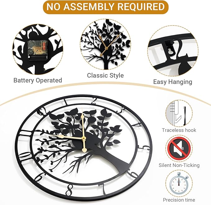 30inch/76cm Extra Large Tree of Life Wall Clocks for Living Room Decor,Bedroom,Battery Operated,Metal,Decorative,Analog,Silent,Non Ticking Wall Clock,Room Wall Decor (Tree of Life, 30 inches)