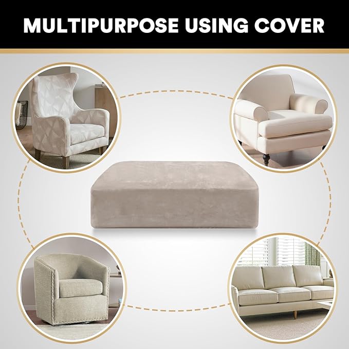 PrinceDeco Stretch Velvet Couch Cushion Cover,Soft Fitted Cushion Slipcover for Arm Chair Sofa Cushion Furniture Protector Seat Cushion Sofa Cover Width Up to 29.5", Oatmeal