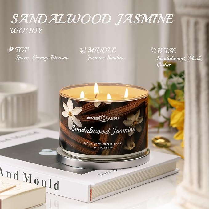 4-Wick Candles for Home Scented - 18oz Soy Wax Blend Candle Over 50Hrs Long-Lasting Fragrance, Home Decor and Housewarming Gifts, Sandalwood Jasmine