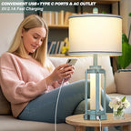 Farmhouse Lamps Set of 2, 26" Vintage Rustic Industrial Beside Lamps with USB A+C Charging Ports & AC Outlet, Nightstand Metal Lamp with LED Night Light & Fabric Shade for Living Room Bedrooms Blue