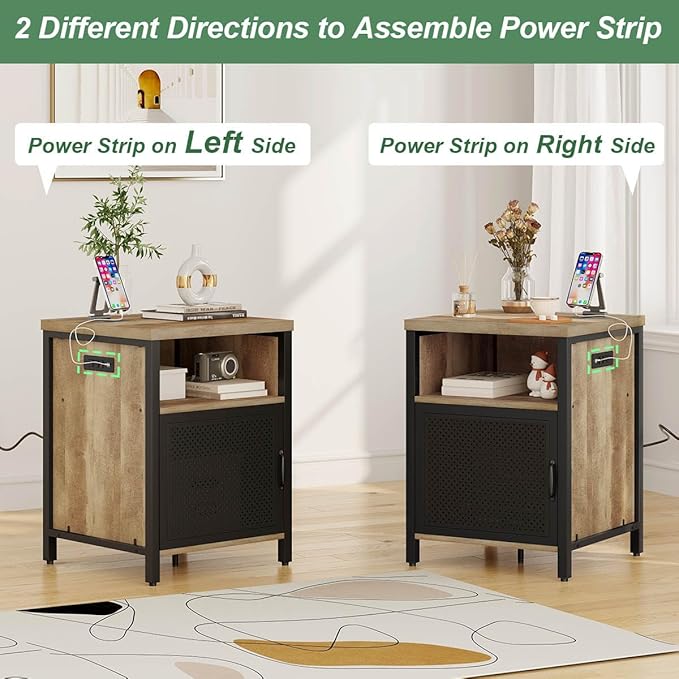 FATORRI End Table with Storage, Rustic Side Table for Living Room, Narrow Wood and Metal Bedside Tables with Door (Rustic Oak)