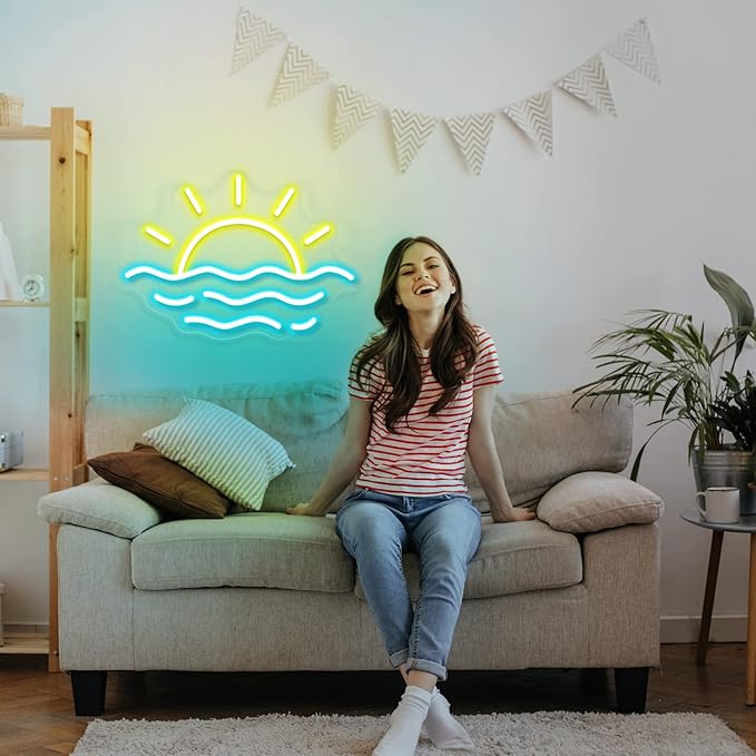 Sunset Sunrise Neon Sign Sun on The Sea Neon LED Light Sign for Wall Decor Wave Neon Light up Sign Beach Home Decor Aesthetic for Teen Girls Bedroom Game Room Decor Ocean Sun Night Light Wedding