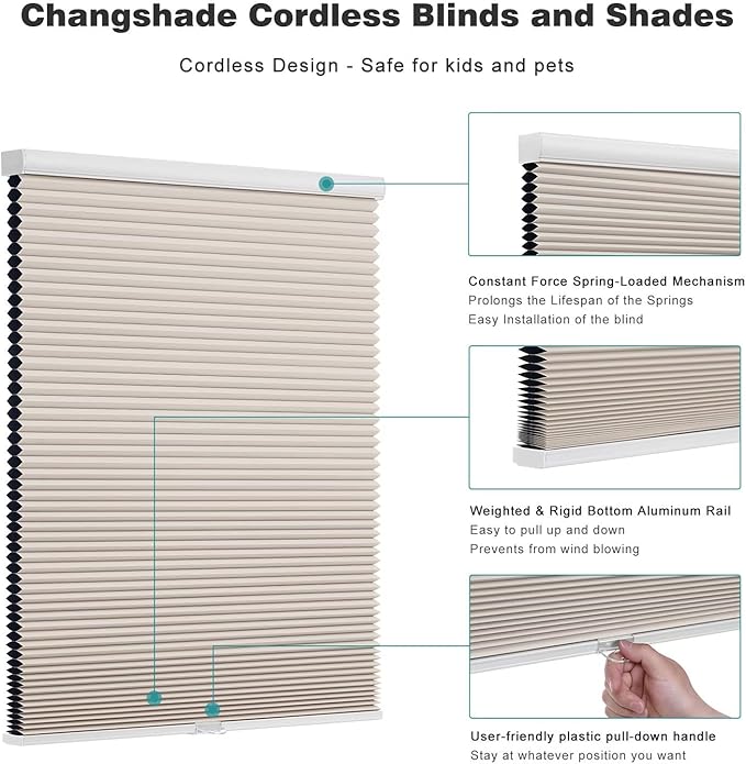 Changshade Custom Cordless Cellular Shades, Blackout Honeycomb Shades for Windows, Pull Down Pleated Blinds, Easy to Install for Indoor Windows and French Doors, Beige