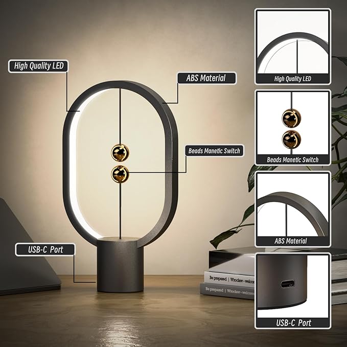 Small Table Lamp - Mini Balance Bedside Nightstand Plug in Night Light for Home, Office, College Dorm (Black)