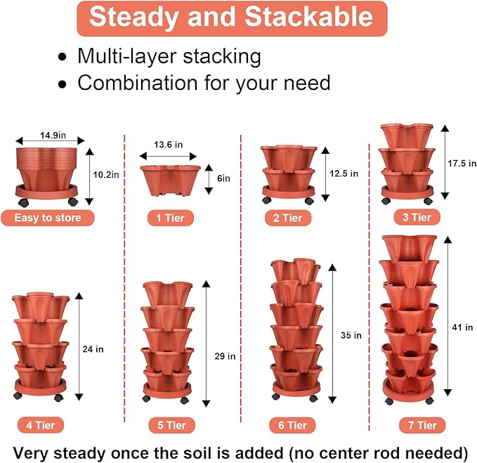 Vertical Planter 7 Tier Stackable Planters Garden Planters Strawberry Herb Flower and Vegetable Planter Indoor Outdoor Gardening Pots with Removable Wheels and Tools