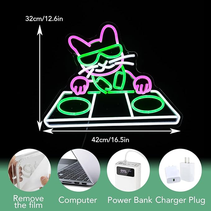 Cat DJ Player Neon Sign Dimmable DJ Player Led Neon Light for Wall Decor USB Powered Cool Neon Light Sign for Bar Party Man Cave Bedroom Art Wall Decoration