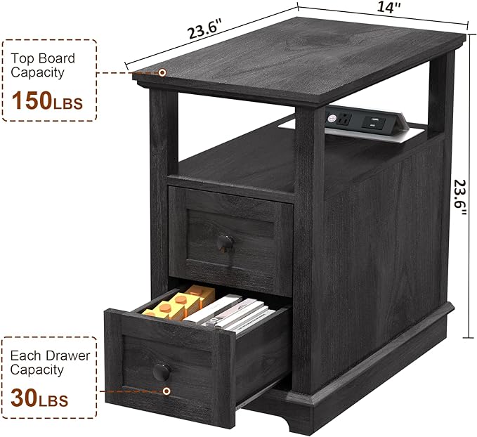 HIFYOBRO Narrow End Table with Flip Top Charging Station Set of 2, Side Table with 2 Drawers, Type-C & USB Port & Power outlets, Wooden Storage Cabinet for Living Room and Bedroom