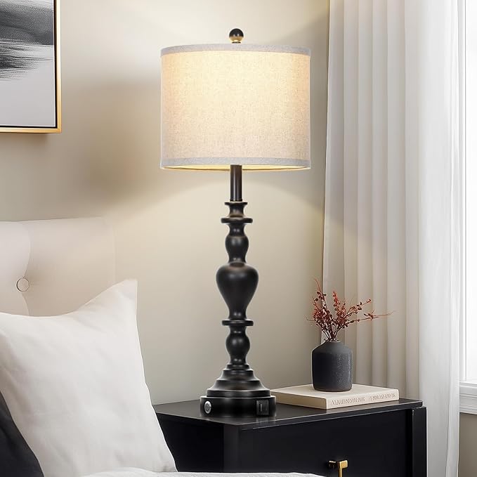 27" Vintage Table Lamps for Living Room Set of 2, Farmhouse Rustic Nightstand Lamps with USB C+A Ports, 3-Way Dimmable Bedside Lamp for Bedrooms Office Dorm, 2 LED Bulbs Included Washed Antique Black
