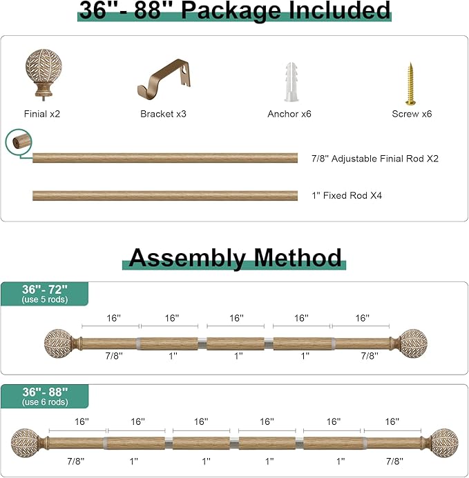 Wood Curtain Rods for Windows 48 to 84 Inch,1'' Diameter Drapery Rods with Imitation Wood Grain Leaf Pattern Finials,Boho Adjustable Heavy Duty Curtain Rods Set,36-88'',Color:Weathered Wood