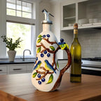 18 Oz Hand Painted Relief Ceramic Olive Oil Bottle Dispenser for Kitchen, Oil and Vinegar Bottle, Seasoning Bottle with Stainless Steel Nozzle, 540mL Oil Container with Handle for Cooking, Light Proof