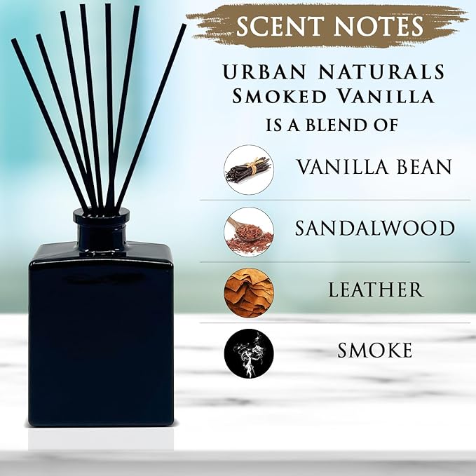 Urban Naturals Smoked Vanilla Reed Diffuser Set with Vanilla Bean, Sandalwood & Leather – 5 Ounce Sleek Black Rectangular Refillable Glass Bottle – Made in The USA