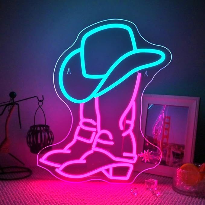 WLHOPE Cowboy Boot and Hat Neon Signs for Wall Decor Adjustable LED Lights Decorations for Bar Party Club Man Cave Living Room Bedroom, Get Your Space Shine Day and Night