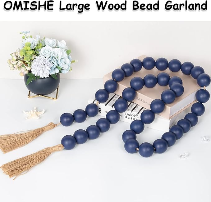 OMISHE 76" Long Extra Large Wood Bead Garland Navy Blue with 1.6" Diameter Wooden Beads and Tassels, Rustic Farmhouse Country Decorative Beads for Home Decor Tiered Tray Decor, Navy Blue