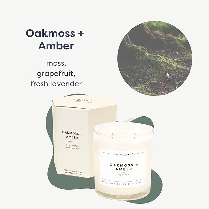 Calyan Wax Co. 2 Wick Candle, Oakmoss + Amber Scented Candle, 37 Hour Burn Time, Aromatherapy Soy Candles, Non Toxic & Vegan Soy Wax, Glass Tumbler Scented Candles, 8.8oz
