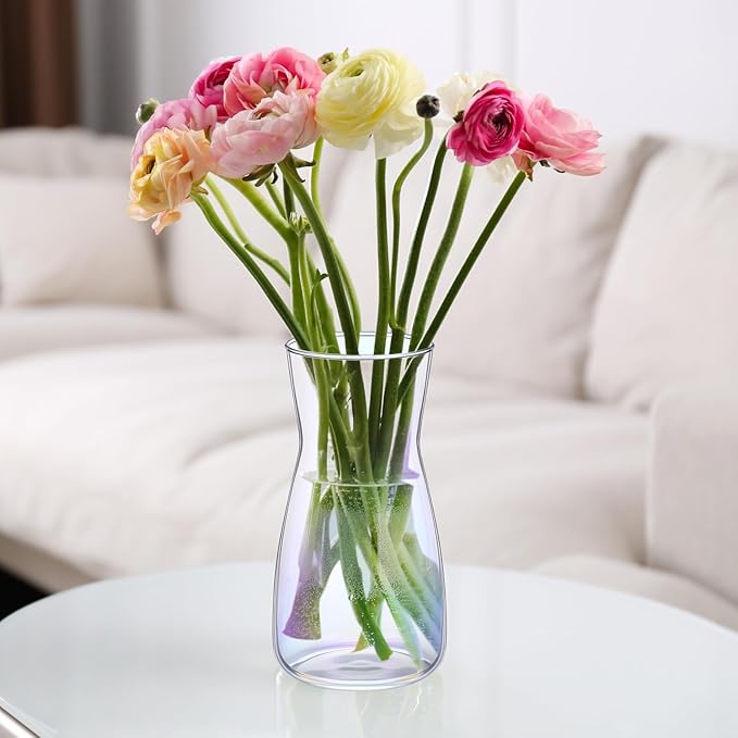 Thenshop 10 Pcs 8'' Tall Clear Flower Vase Wide Mouth Crystal Glass Boho Decorative for Centerpieces Bulk Tall Vase for Flower Bouquets Rustic Home Decor Wedding Housewarming Gift (Neon Clear)