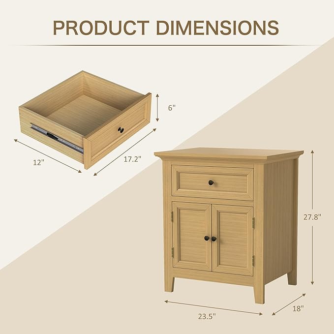 Harvin Nightstand, Solid Wood End Table with Drawer & Door, Timeless Classic Side Table for Bedroom, Living Room or Home Offices