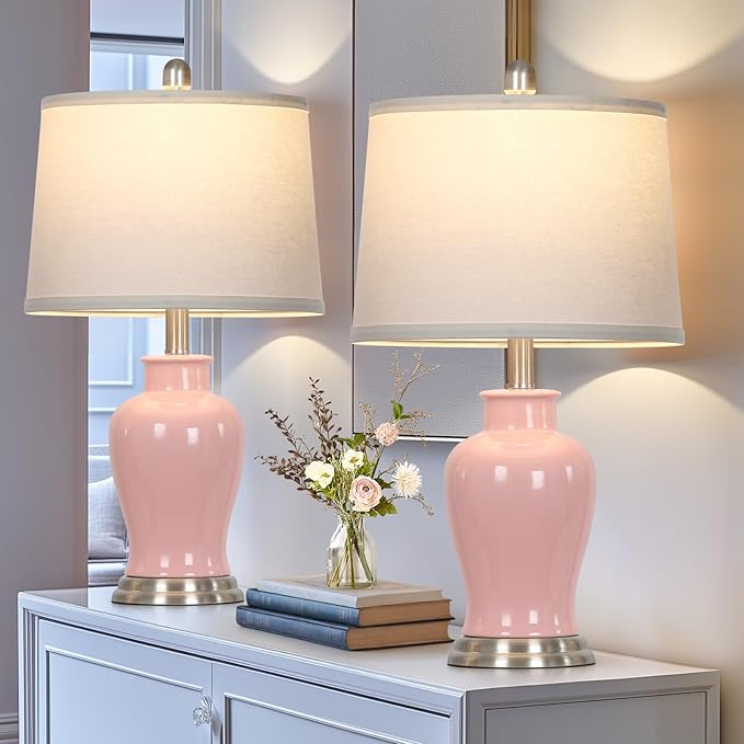 23" Ceramic Table Lamps Set of 2, Modern Ceramic Lamps for Living Room, Cute Bedside Lamps with Ginger Jar Design, Elegant Bedroom Lamps for Nightstand Dining Room Desk Side End Table Home Decor, Pink