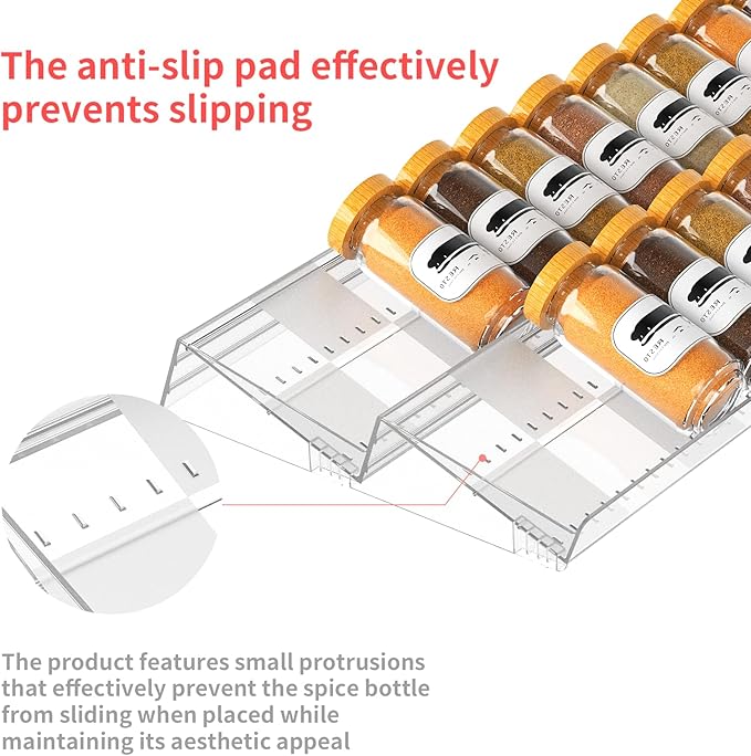2-Tier Non-Slip Spice Drawer Organizer, 2-Pack Checkered Frosted Clear Acrylic, Expandable (11''-22'') Spice Rack for Kitchen Drawer Storage – Holds Seasonings, Herbs, and Spices (Jars Not Included)
