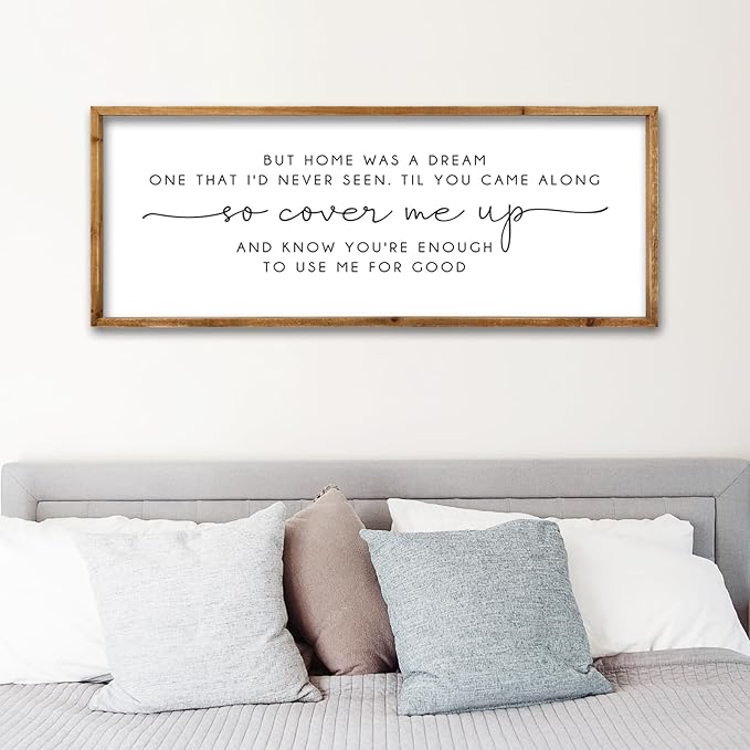 ZZJJHYWGQ Romantic Quote Wall Art So Cover Me Up Sign 32"×12" Inspirational Home Was A Dream Decor Rustic Large Wood Framed Print for Bedroom Living Room Couples Motivational Wall Hanging (Wood)