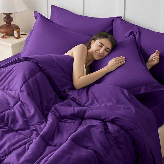 JOLLYVOGUE Queen Comforter Set, Ultra-Soft Bed in a Bag Queen Size 7 Pieces, Oeko-TEX Certified Bedding Set with Down Alternative Comforter, Sheets, Pillowcases & Shams, Purple