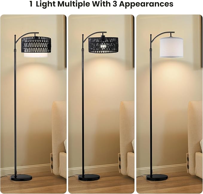 Arc Floor Lamp for Living Room,Farmhouse Floor Lamps with Remote Control & Dimmable Bulb,Black Rattan Boho Tall Standing Lamp for Bedroom Office