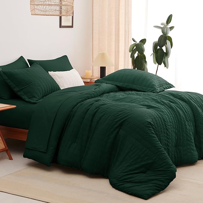 CozyLux Full Size Comforter Sets with Sheets Seersucker 7 Pieces Emerald Green Bed in a Bag Textured Luxury Soft Bedding Set with Down Alternative Comforter, Sheets, Pillowcases & Shams for All Season