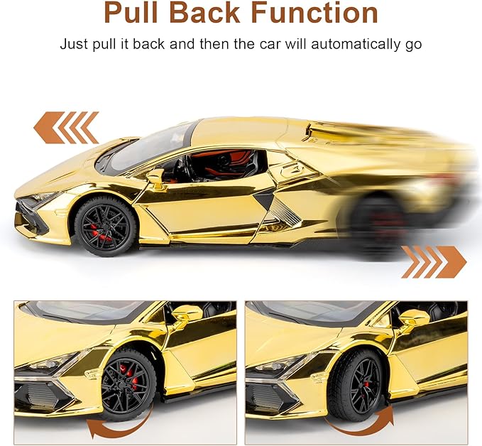 1/24 Scale Gold Lambo Revuelto Diecast Car Model, Collectible Diecast Toy Car with Lights and Sounds, Pull Back Vehicles Toy for Adults Kids Birthday Gifts Decoration