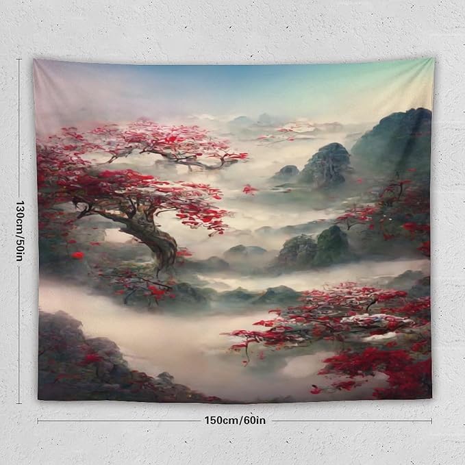 Japanese Tapestry, Red Plum Cherry Blossom Mountain Tapestry, Asian Japanese Wall Tapestry, Nature Landscape Tapestries for Bedroom Living Room Decor 60"x50"